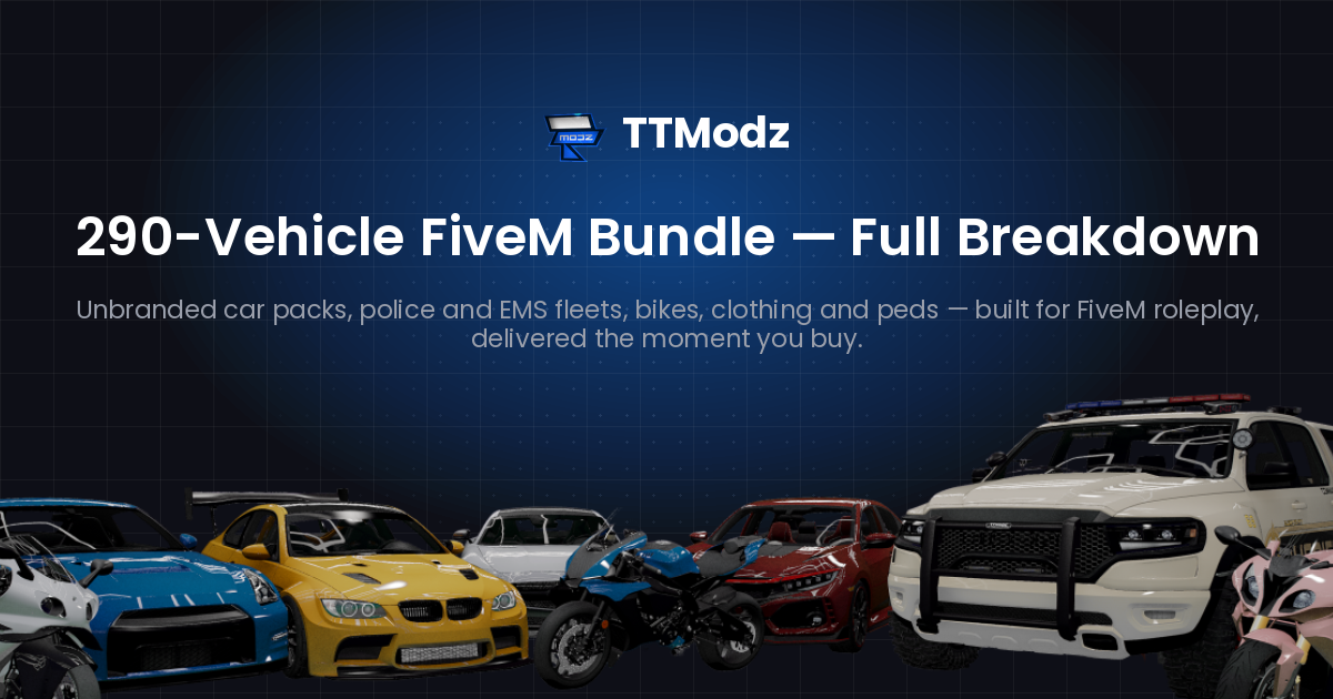 Ultimate FiveM 290 Car Pack Bundle: 250 Unbranded Cars, 40 Bikes & Balanced Handling